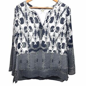 Milano Navy and Gray Printed Long Sleeve Blouse Size XL